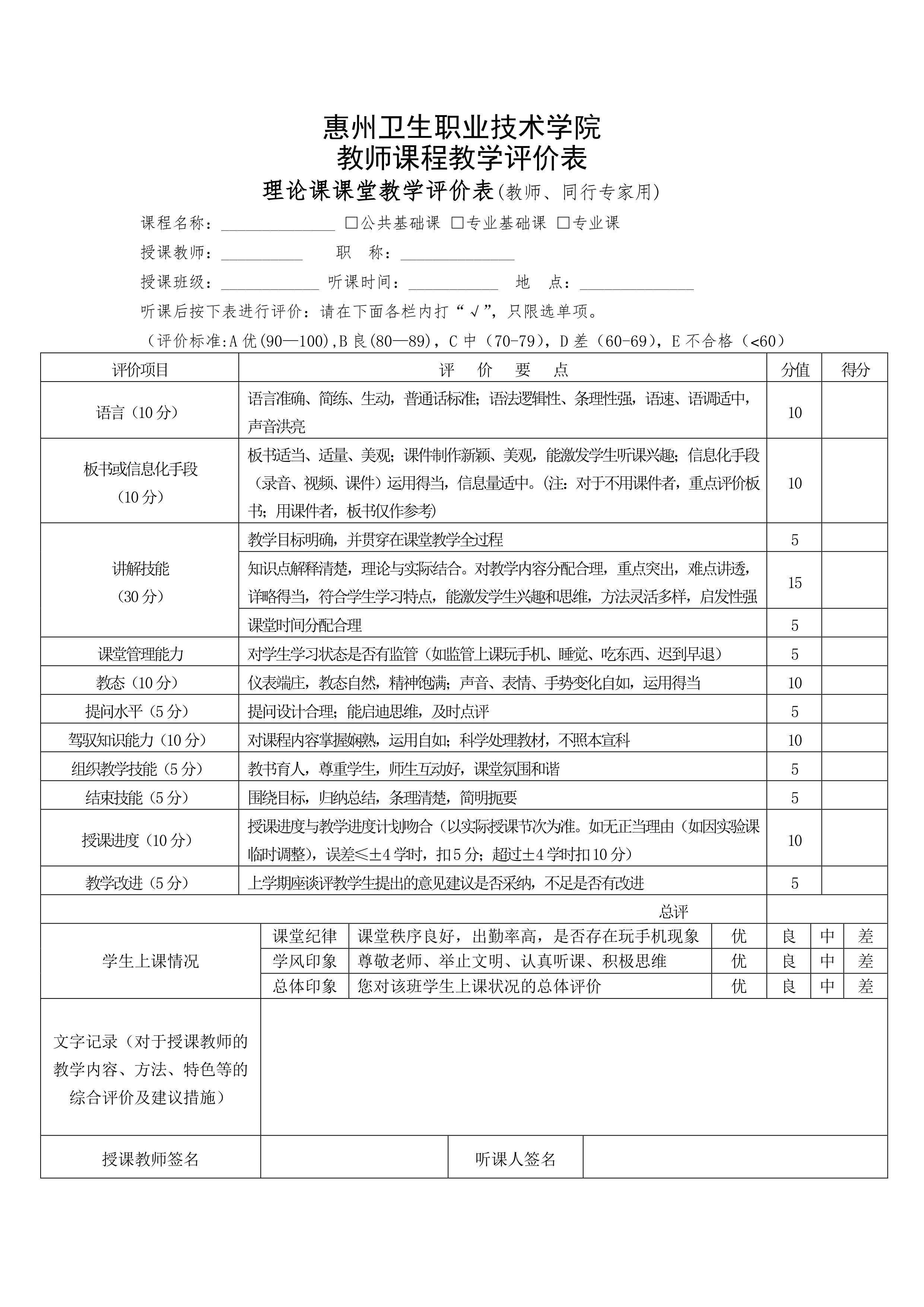 教师课程教学评价表（理论课）